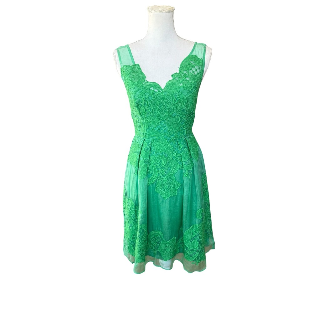 Baraschi Green Silk Lace Floral Embroidered V-Neck Cocktail Dress Size 2